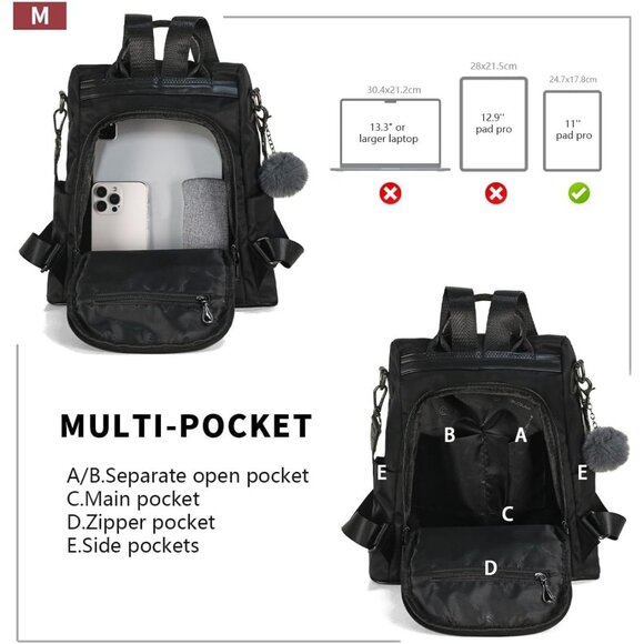 ? Women Black Waterproof Backpack Purse Nylon Anti-theft Rucksack Shoulder Bag main image 4